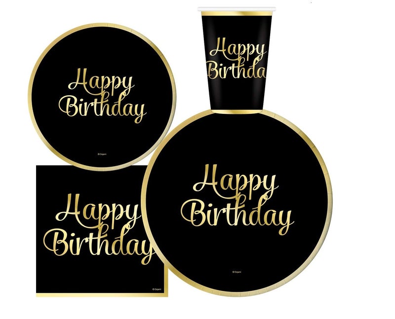 Oojami 180-Piece Happy Birthday Party Supplies Set â€“ Serves 30 Guests with 9" Dinner Plates, 7" Dessert Plates, 12 oz Cups, and 3-Ply Napkins â€“ Gold Foil Disposable Tableware Party Pack - Image 2
